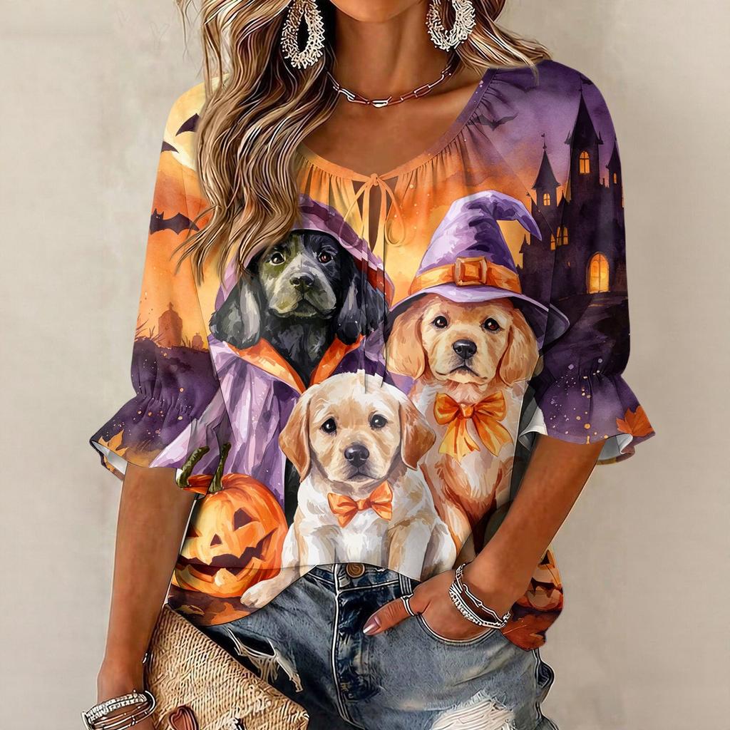 Women's Halloween Print Three-Quarter Sleeve Round Neck Blouse with Tie Front and Ruffle Hem