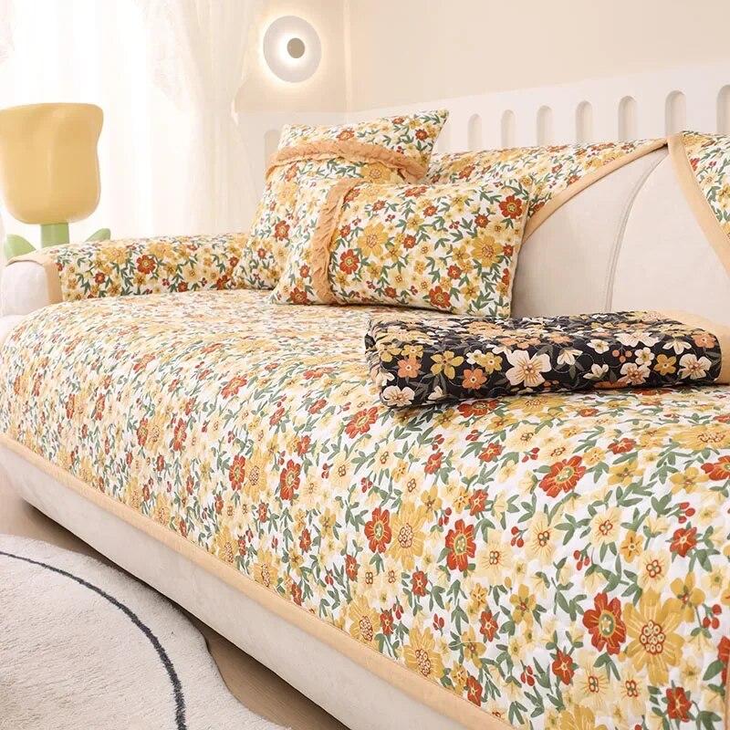 

Хлопковая подушка для дивана с пасторальным цветочным узором, удобная дышащая нескользящая диванная полотенца, универсальное мягкое украшение для гостиной высшего класса 70x70cm 1pcs