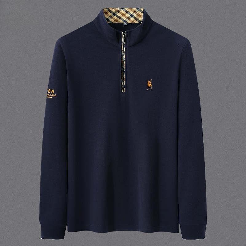 TrendHub Men's Embroidered Half Zipper T-shirt High End Brand Autumn Winter Leisure Fashion Comfort Long Sleeved Stand up Collar T-Shirt