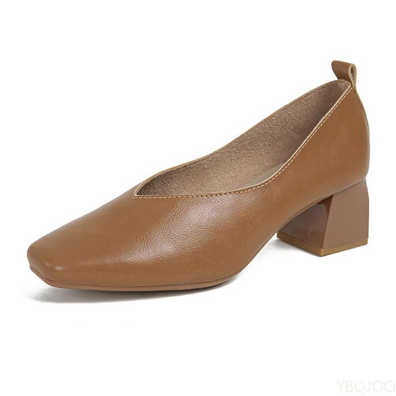 2025 New Soft Leather Shoes Solid Color Comfortable Female High Heels Elegant Square Toe Shoes Minimalist Women's Pumps