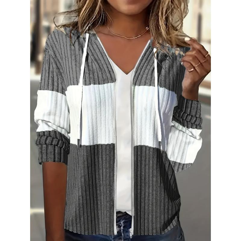 Colorblock Zip-up Hoodie-Jacke, Lässige Langarm-Kordelzug-Rippstrickjacke für Frühling & Herbst, Damenbekleidung