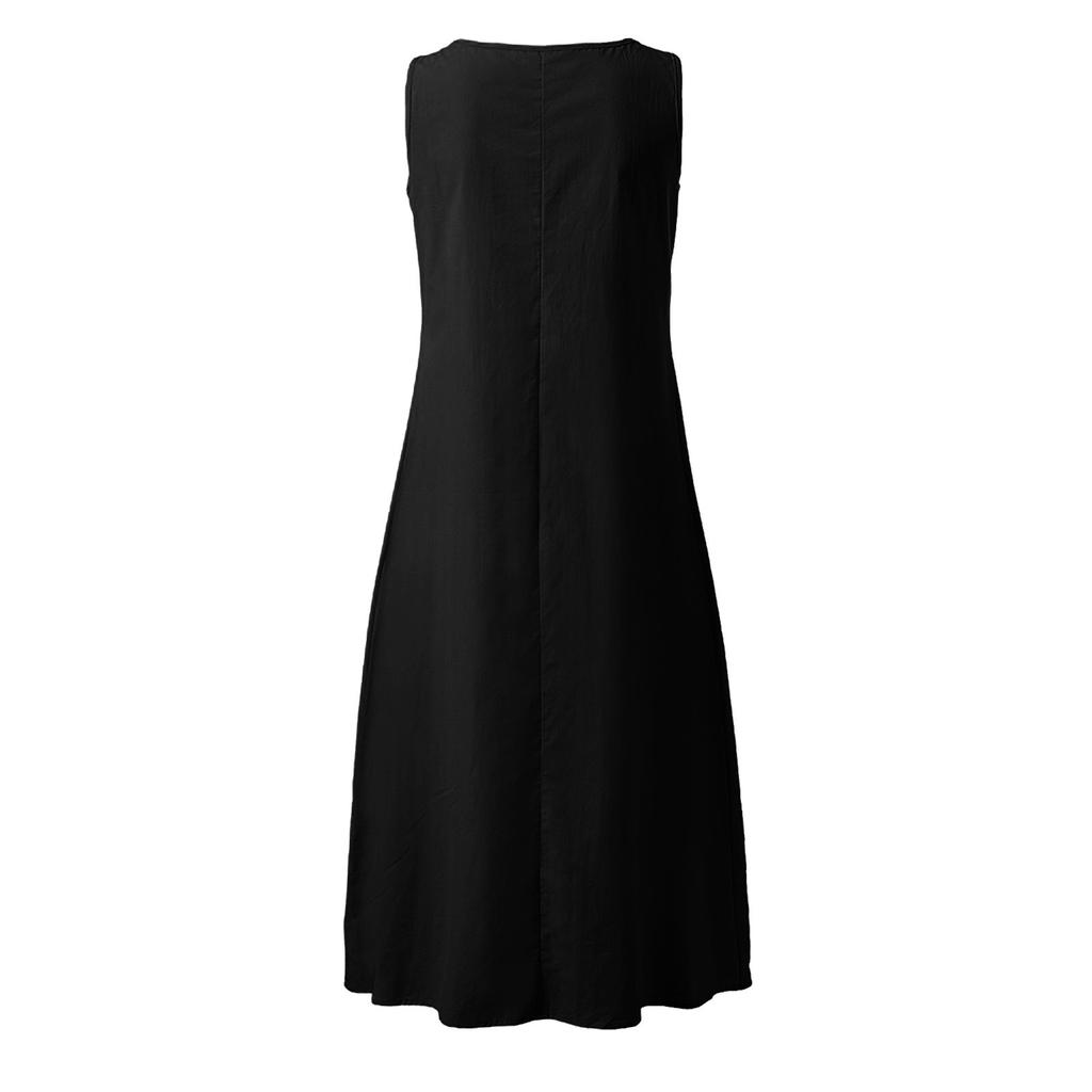 Damen-Sommerkleid, solides Strand- und Urlaubskleid, Rundhalsausschnitt, große Schaukeltasche, Maxikleid