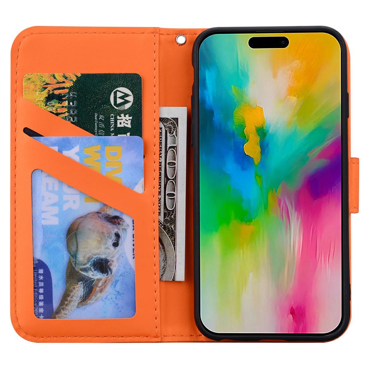 

For iPhone 16 Pro Max Case Cartoon Pattern Wallet Leather Phone Cover Orange