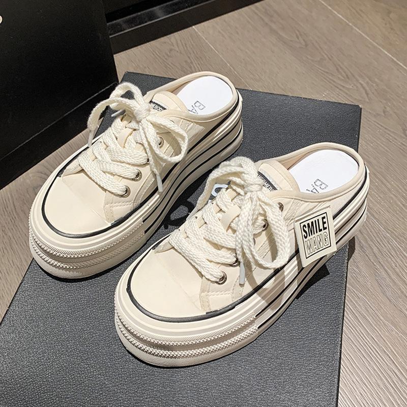 

Canvas half slippers women s summer wear 2025 new Internet celebrity explosion high sense thick bottom height no heel lazy 35 бежевий