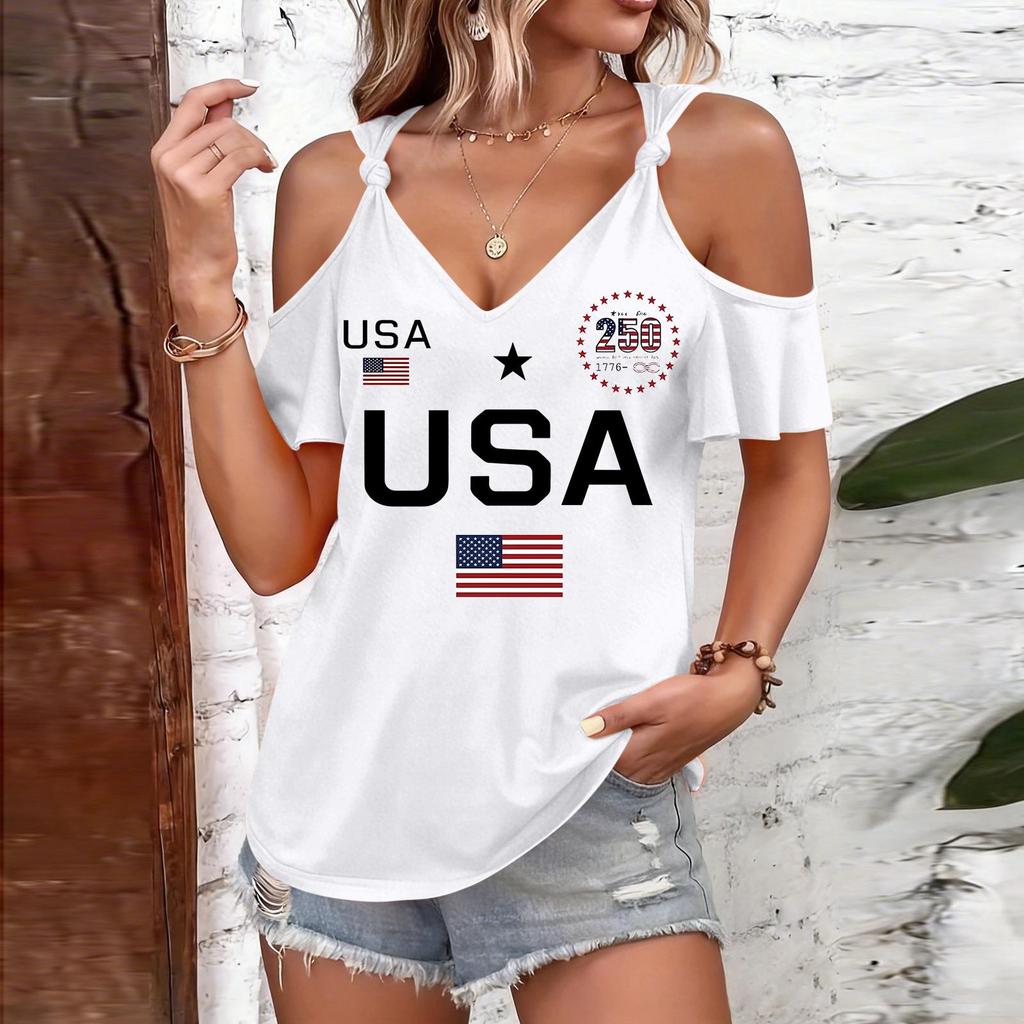 Women Casual Cold Shoulder Short Sleeve T Shirt USA Print 250th Anniversary Graphic Tee with Tie Strap Round Neck Top for Summer
