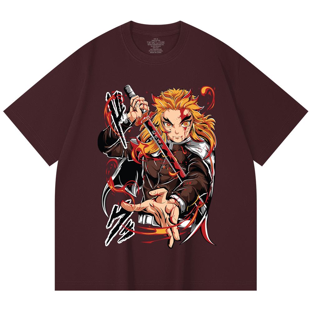 

230 Gsm 100% Cotton Demon Slayer V85 Rengoku Print Unisex Heavy Cotton T Shirt 2XL вина червоного кольору