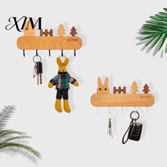 Pet Leash Holder for Wall Wooden Key with 5 Hooks, Cartoon House Theme Organizer, Multi Entryway Storage Purpose Hanging Rack Keys Leashes And