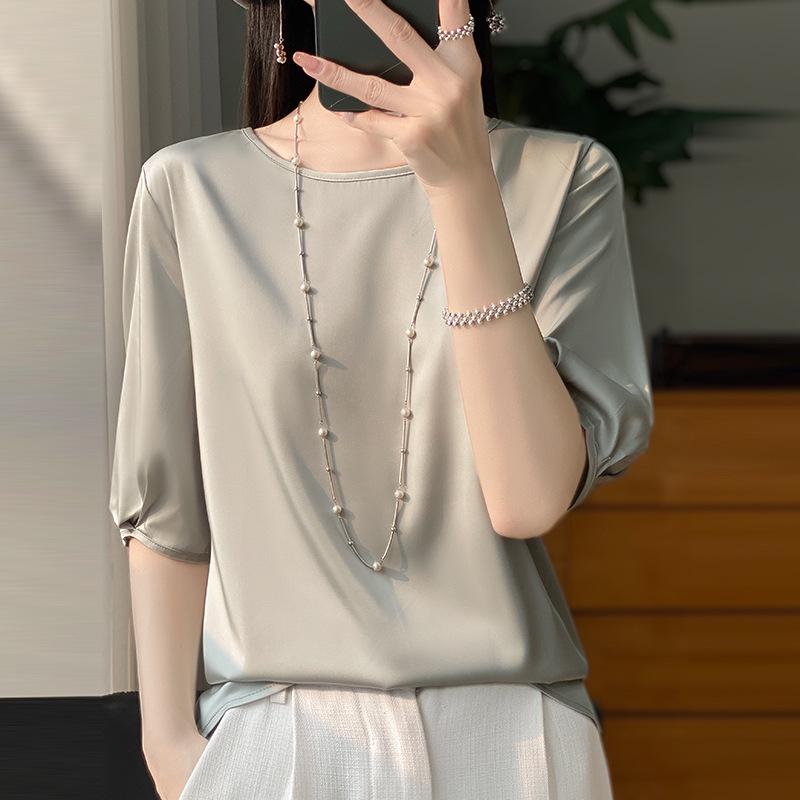 Satin Round Neck Half-Sleeve Loose T-Shirt for Women