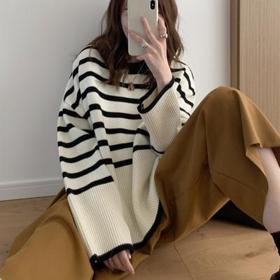 Korean Striped Knitted Sweater for Women In Autumn and Winter  Retro Lazy Style Outerwear Soft and Sticky Pullover Loose Sweater