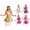 Completo Jazz Dance Bambina Ragazza Collo Alto Patchwork in Rete Strass Senza Maniche Crop Top Metallico con Volant e Vita Elastica Gonna Larga Lucida