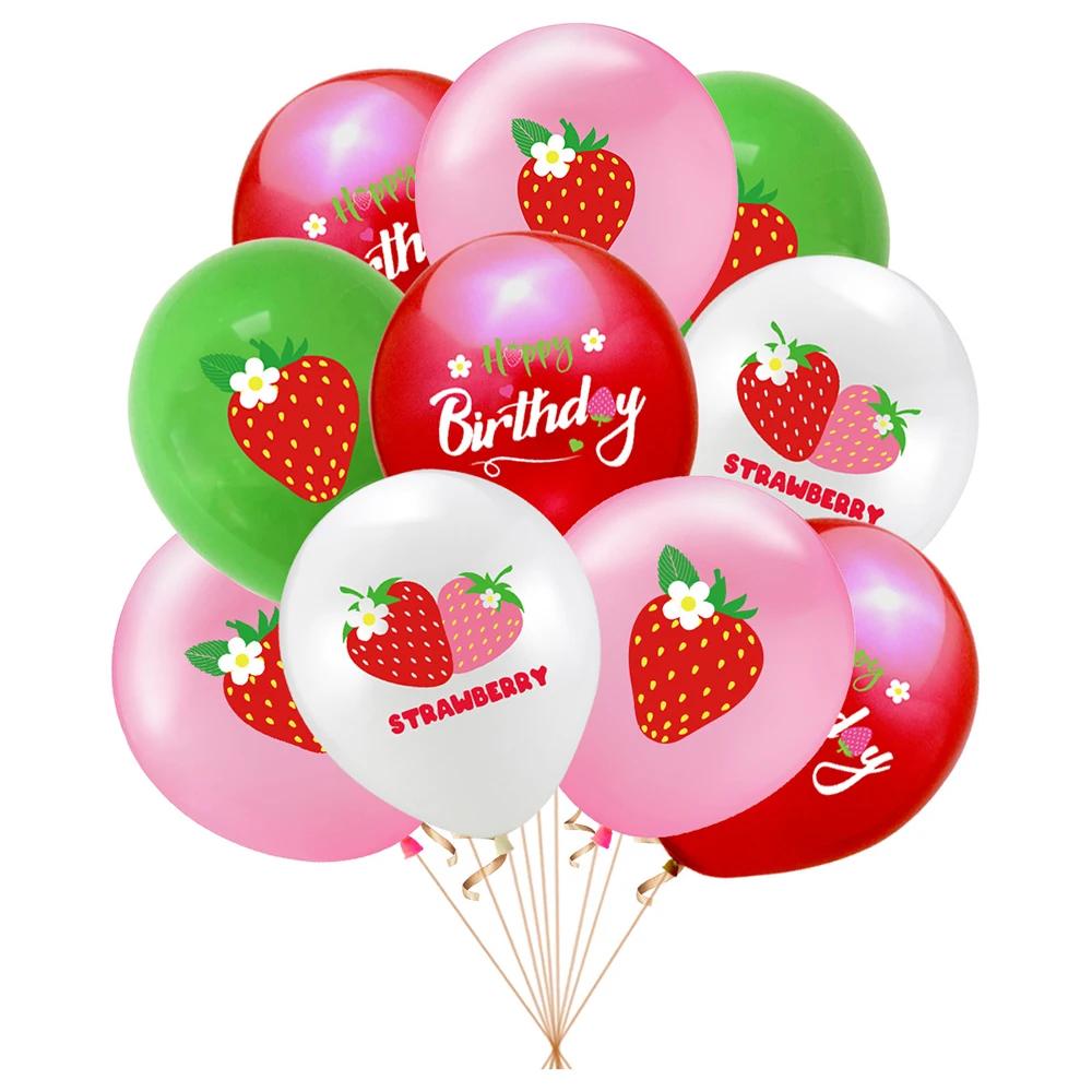 Runtow 38pcs Strawberry Balloon Birthday Party Decoration Strawberry Flag Cake Card Insertion Balloon Decoration