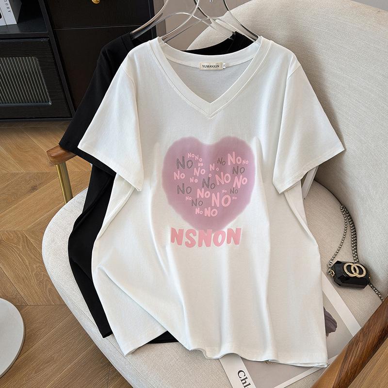 

Plus Size V-Neck Slimming Loose Mid-Length T-Shirt - Women s Short Sleeve 6186 (Fits 200/300/350 jin) 2XL білий