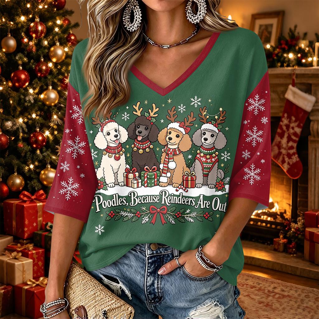 Women's Fashion Casual Christmas Animal Print V-Neck Pullover Top for Holiday Party Wear