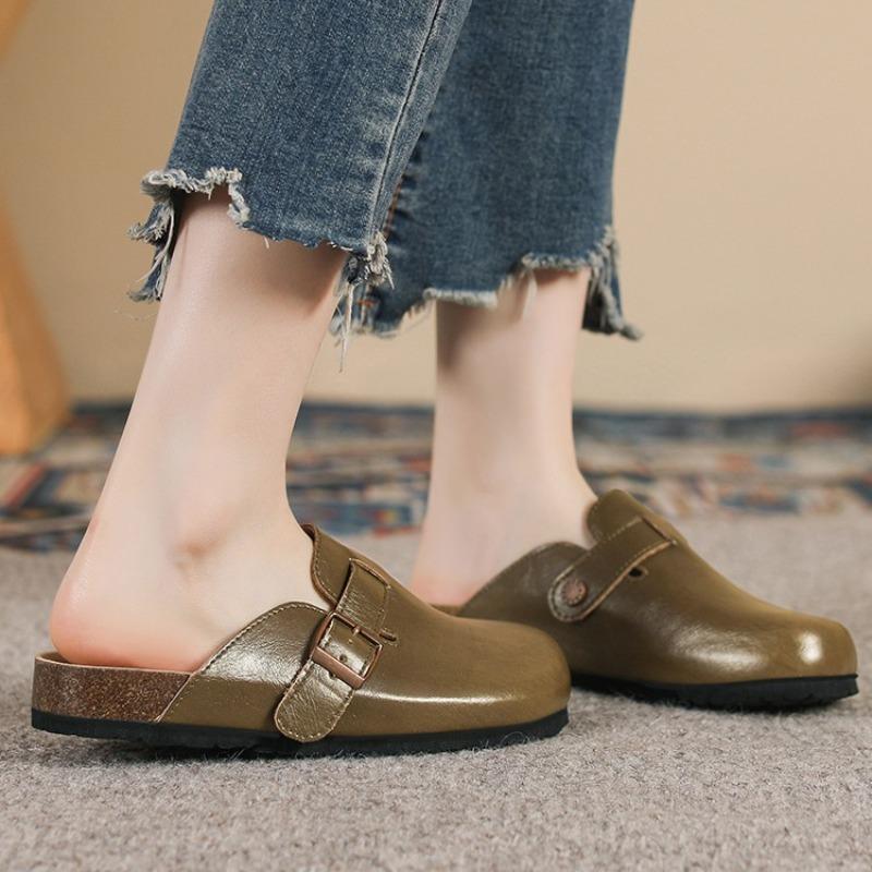 Size 35-40 Full Leather Cork Bottom Baotou Half Slippers Boken One Pedal