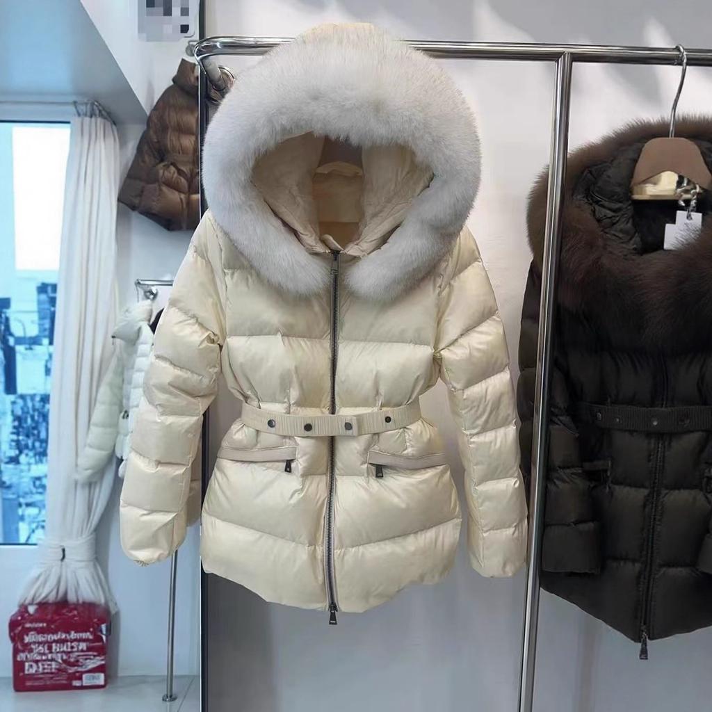 Mengjia belt waist slim fit down jacket women's short fox big fur collar new winter cold protection