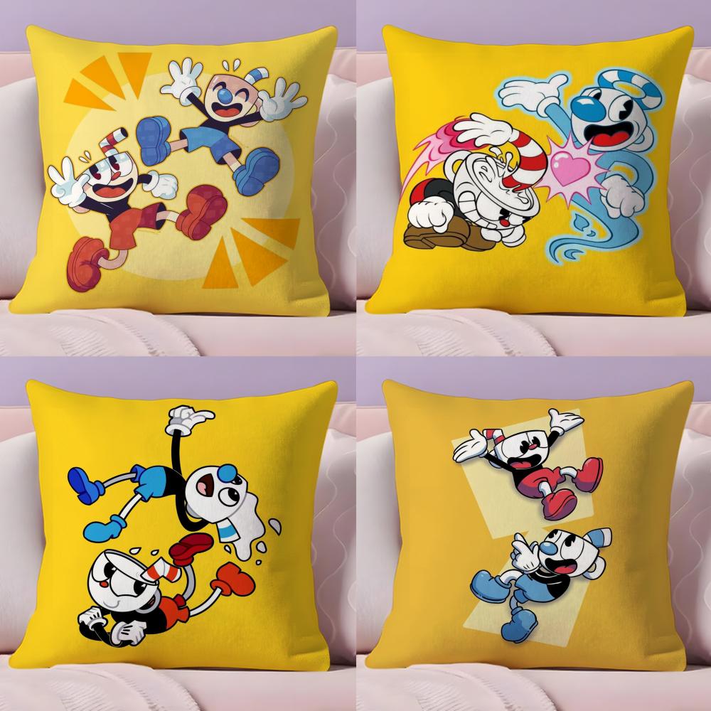 Classic Cute Game C-Cuphead Cushion Cover Plush Fabric Soft Double-Sided Printed Sofa Pillow Case Colorfast Home Decor Gift