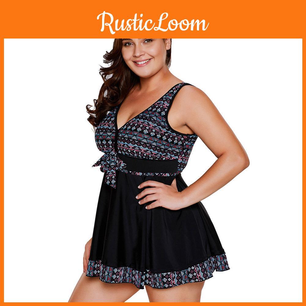 Elegant Womens Fashion Plus Size V Neck Skirted Print Front Tankini Swimsuit