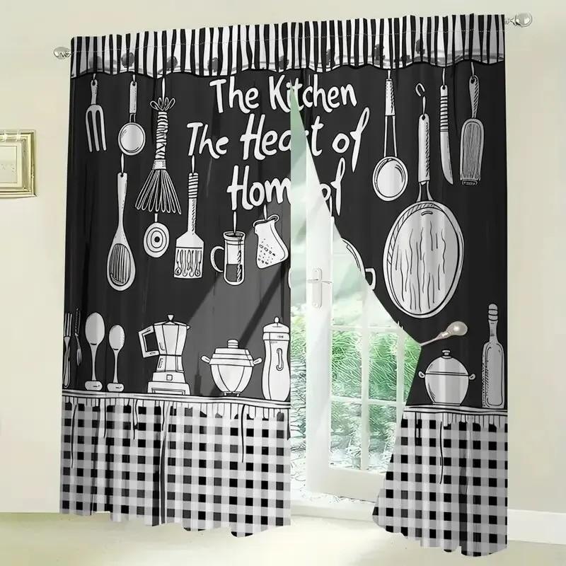 2pcs Kitchen Utensils Print Curtain   Polyester Fabric   Kitchen Window Decor   Home Decor   Rod Pocket Curtain