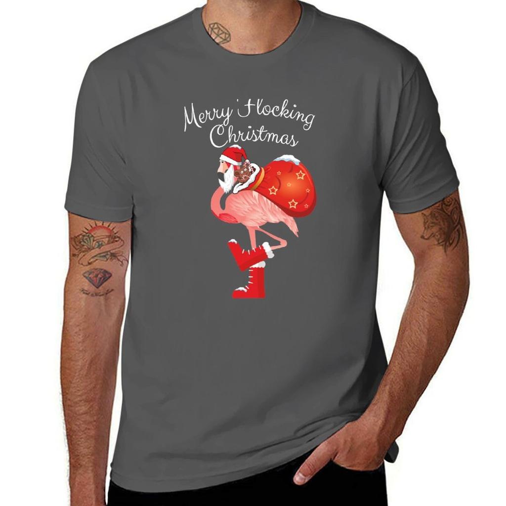 Santa Flamingo Merry Flocking Christmas Humor Quote Pink Bird With Bag Of Gifts TShirt