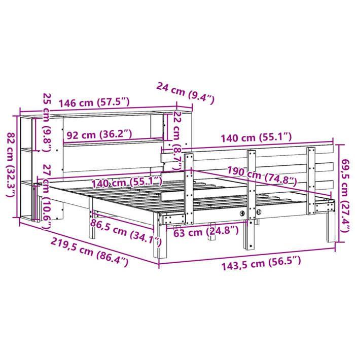 VidaXL Lit bibliothèque sans matelas blanc 140x190 cm bois pin massif 3322707