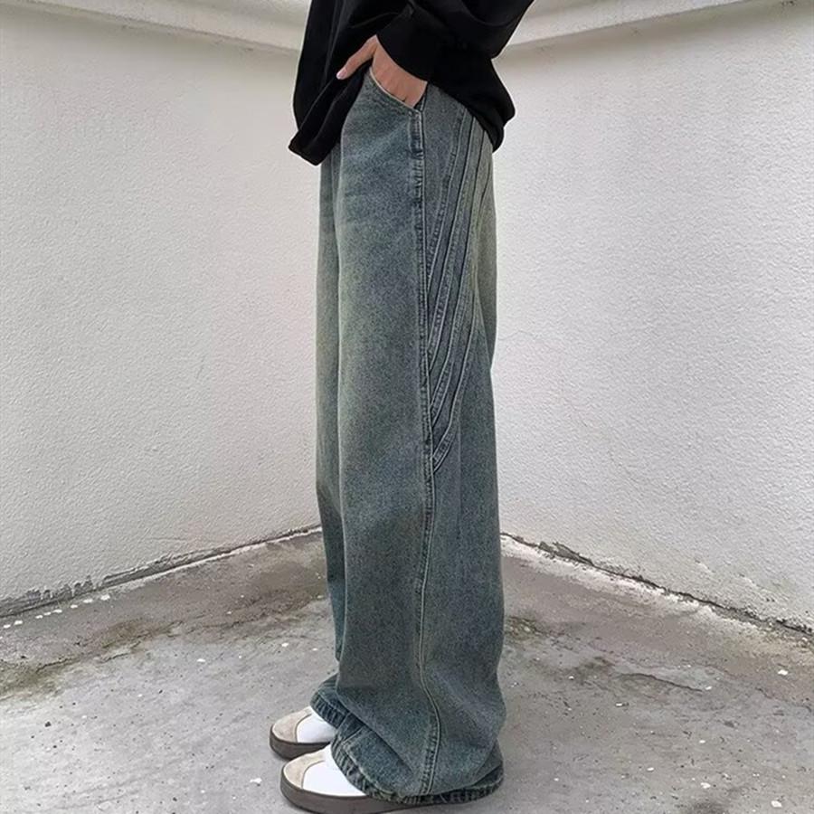 American retro washed wide-leg jeans men's tide autumn loose straight drape pants design pants men