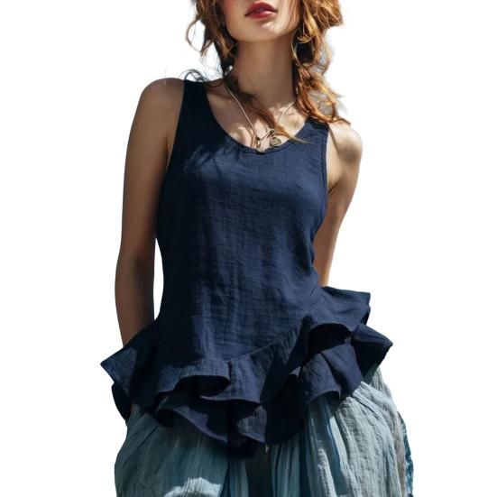 Women Tops Solid Color Loose Fit Breathable Casual Blouse O-Neck Sleeveless Ruffle Splicing Hem Summer Vest Daily Wear