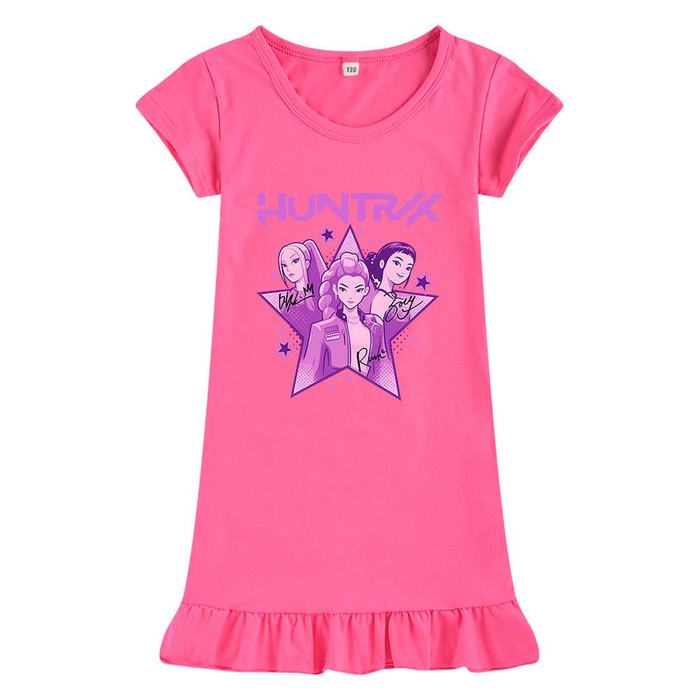 M1209 Kids Girls Kpop Rumi Zoey Mira Print Short Sleeves Ruffle Dress