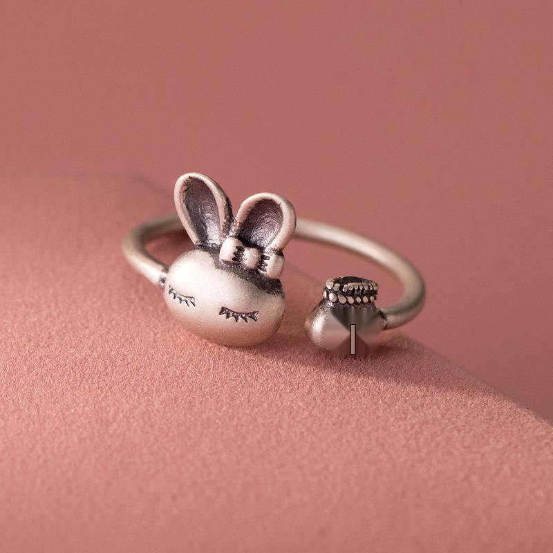 Yin Taifei Vintage Thai Silver Rabbit Zodiac Ring for Women Adjustable Open Size