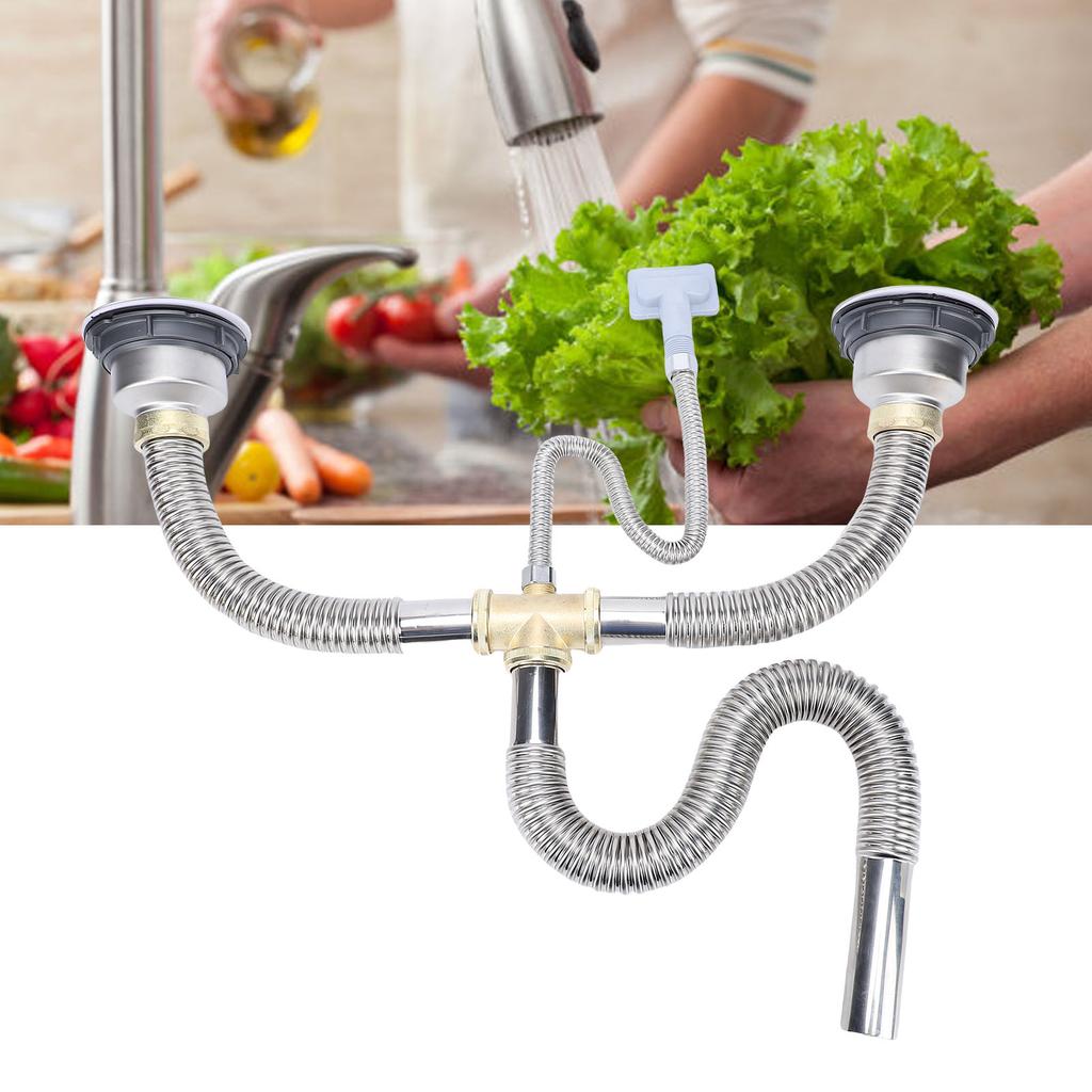Kitchen Double Sink Downpipe Fittings Stainless Steel Flexible Drain Tubing Pipe Kit for Kitchen Bathroom Washroom
