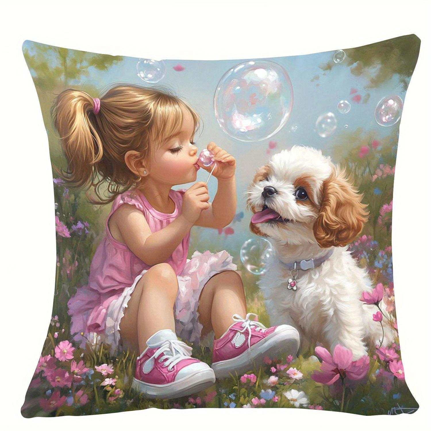 Schattig Meisje en Hond Kussenhoes Bellen Blaas Kunst Kussensloop Pastel Tuin Thema Woondecoratie voor Kinderkamer 45x45cm