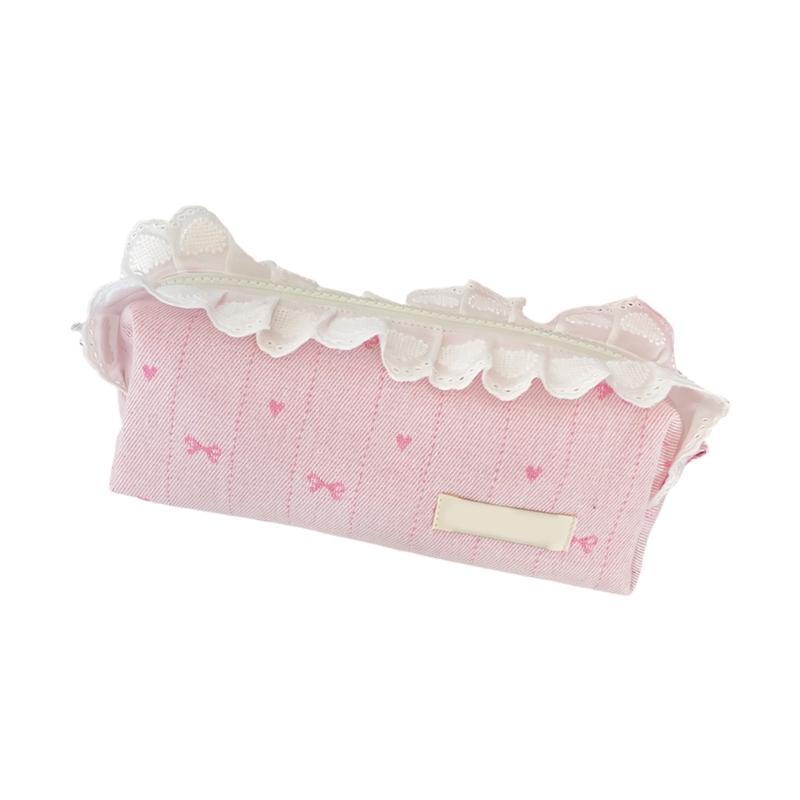 Lace Trim Pencil Case with Top Closure, Embroidered Heart Design for School Supplies, Desk Storage and Journaling