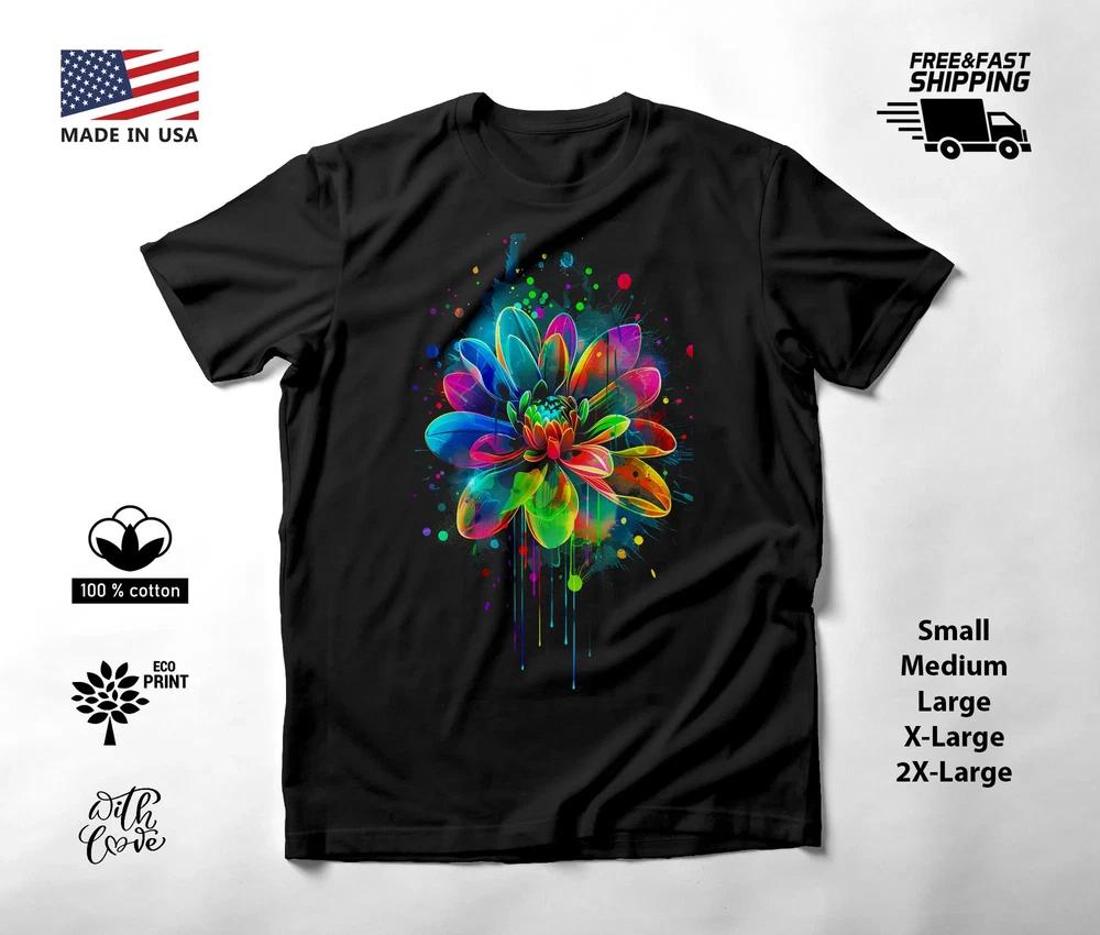 Colorful Flowers Neon Graphic T-Shirt Black Unisex S-2XL