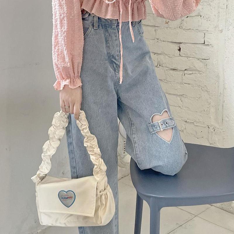 Jeans Kvinner Sommer Hjerte Hollow Out Empire Fashion Denim Mujer Hipster Student Nydelig Minimalistisk Retro Daglig Nye Bukser