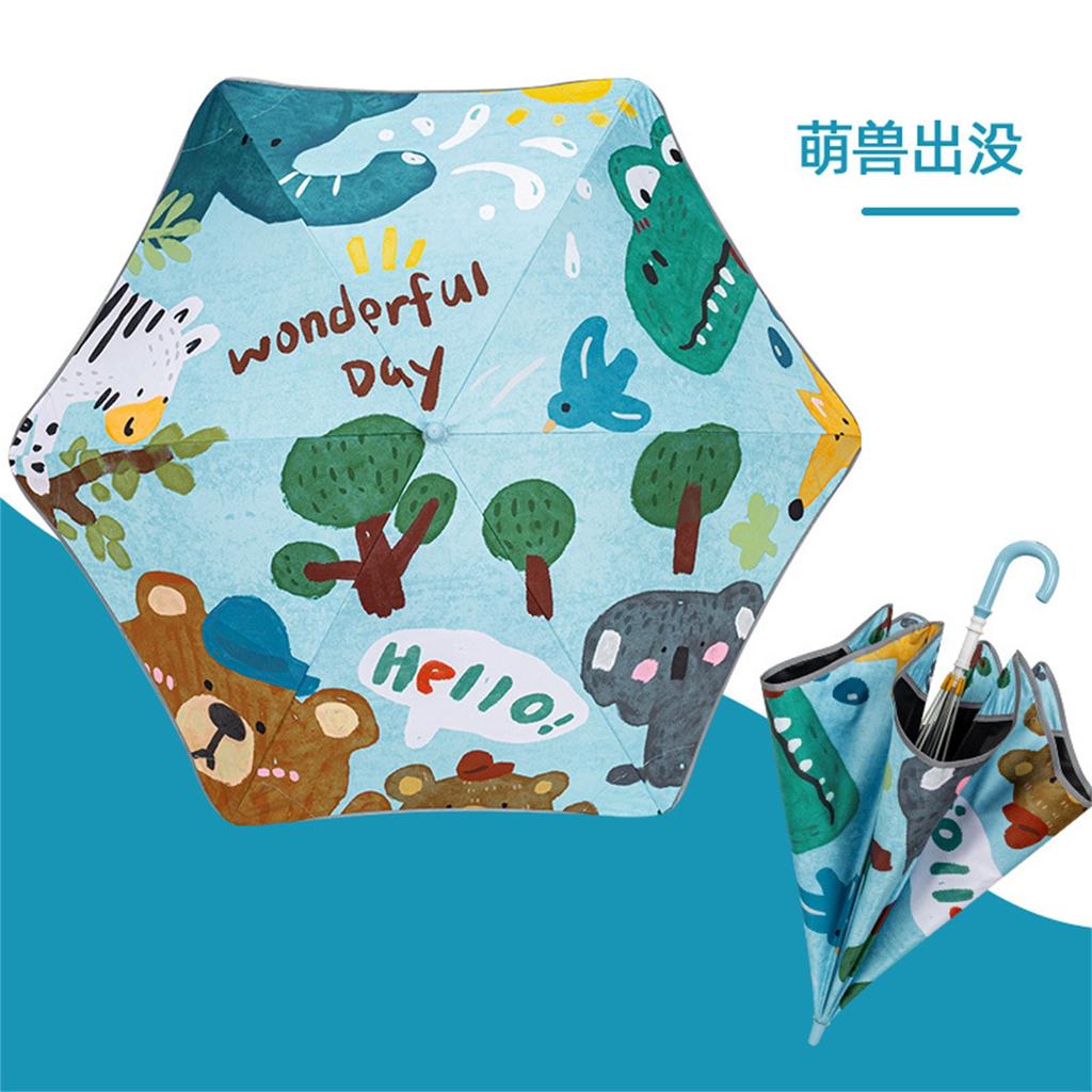 Children's Umbrella with Long Handle and Round Corner Design, 90cm Diameter, Reflective Strip, Cute Animal Pattern