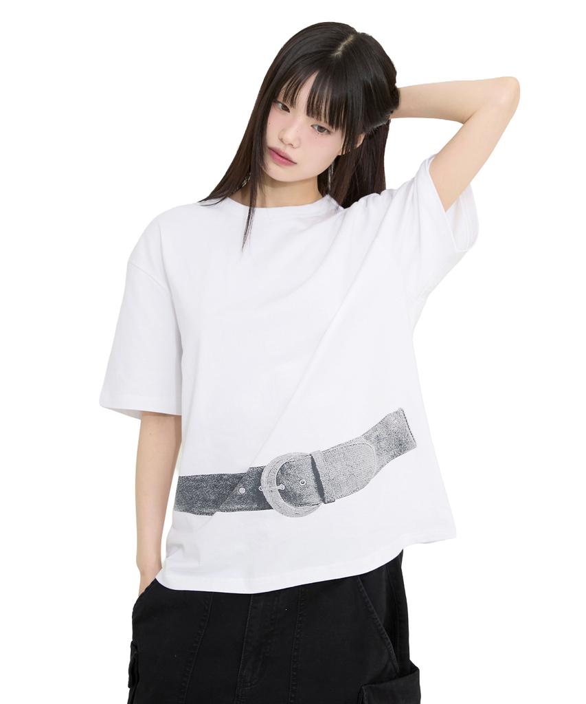 Mimdeowodeulobeu [Ssukkare X Mimde] Ssukkare Belt Print Oversized T-Shirt_White