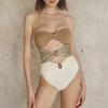 Women Sexy Monokini Decor Patchwork Swimsuit Hollow Out One-piece Sling Sleeveless Metal Button Color High