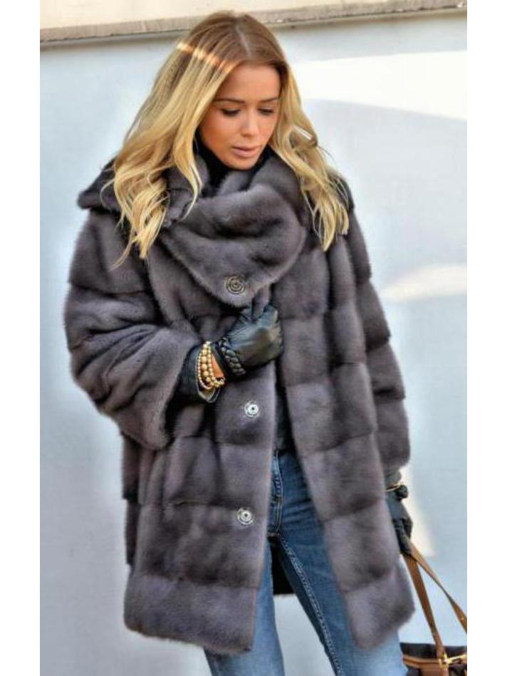Gray Mid-Length Women's Faux Mink Fur Coat with Long Sleeves