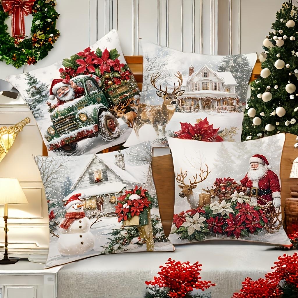 Set of 4 Christmas Throw Pillow Covers, Double-Sided Printed Xmas Cushion Cases with Snowman, Santa, Reindeer, Gnome & House Patterns, 16/18/20 Inch S