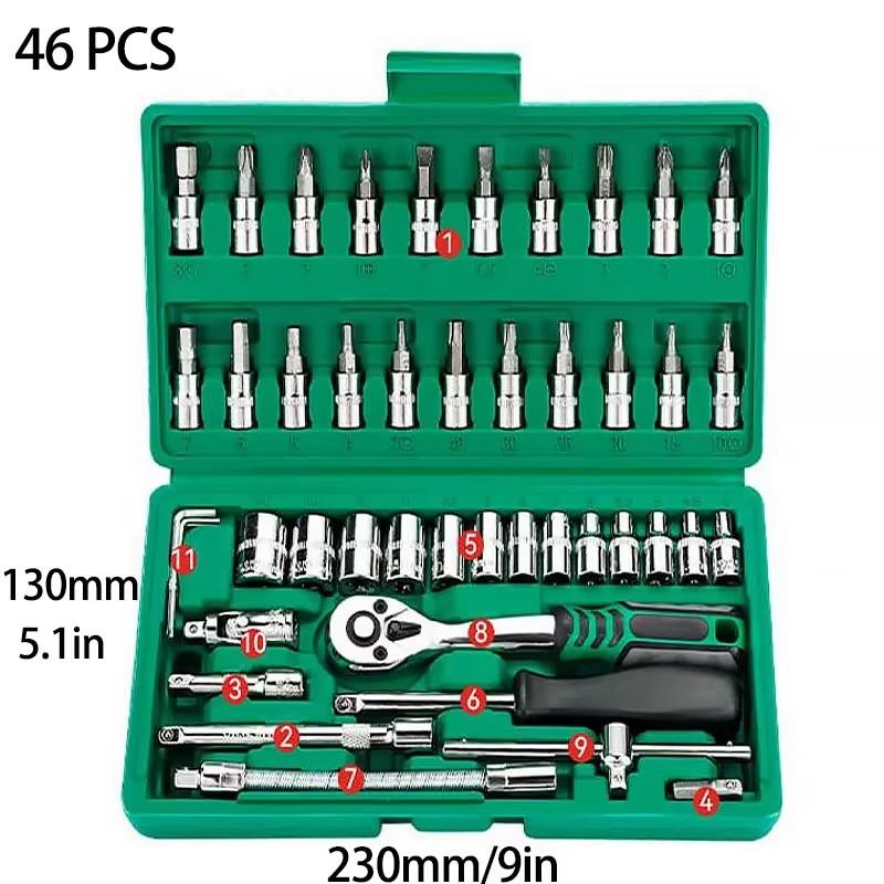 

46/53 pcs Drive Socket Ratchet Wrench Set Reversible Ratchet with S2 and CR-V Sockets Household Automotive Repair Ki
