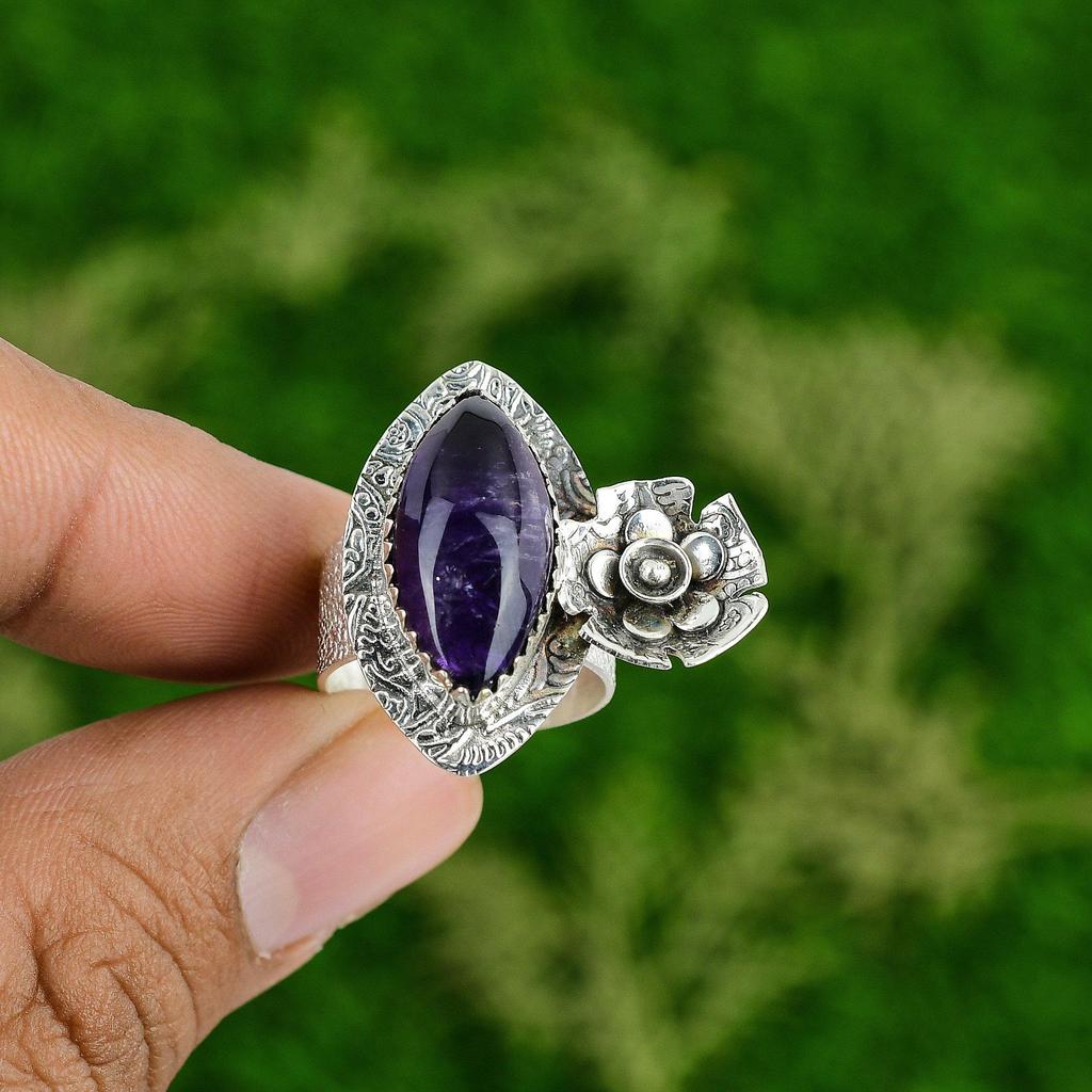 Natural African Amethyst Gemstone Stackable Flower Ring Size 6.75 925 Silver