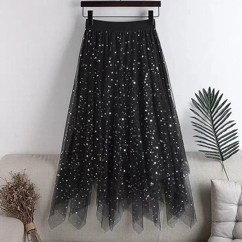 Women Fairy Star Sequins Mesh Tutu Skirt Shiny Elastic Waist Long Tulle A-line Skirt