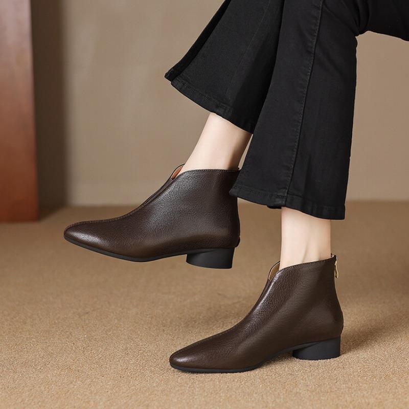 Fashion Booties Fall New Pointed Toe Paneled Rear Zipper Soft Sole Non-Slip Round Heel Single