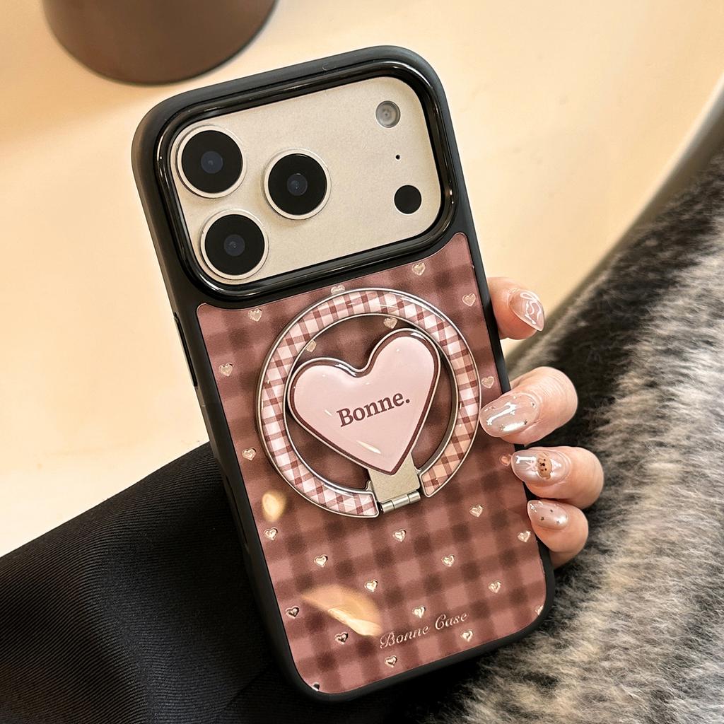 Retro plaid gold-plated iPhone 17 Pro Max Apple 16 phone case 13 magnetic heart-shaped stand 15 compatible with 14