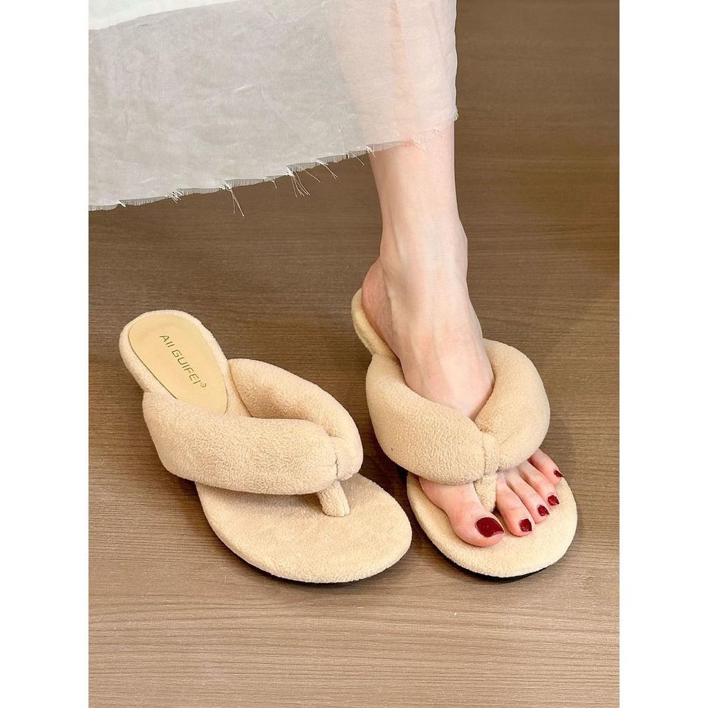 Retro Cow-toned Suede Round Head Toe with Wedge Heel Sandals Female Summer Plus Soft Foreign Versatile Flip-flops