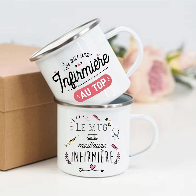 Beste Krankenschwester Französisch Bedruckte Emaille Tassen Kaffeebecher Trinken Wein Saft Tasse Dessert Kakao Milch Henkeltasse Bestes Geschenk für Infirmiere