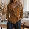 V-neck Women Top Tops V Neck Long Sleeve Ruffle Design Solid Color Commuter Blouse Loose Fit Work Party Casual Daily Wear Slim