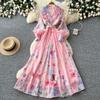 French Holiday Style Print Slim-fit Dress Women's Spring and Autumn V-neck Lantern Sleeve Waist Strap A-word Commuter Dress
