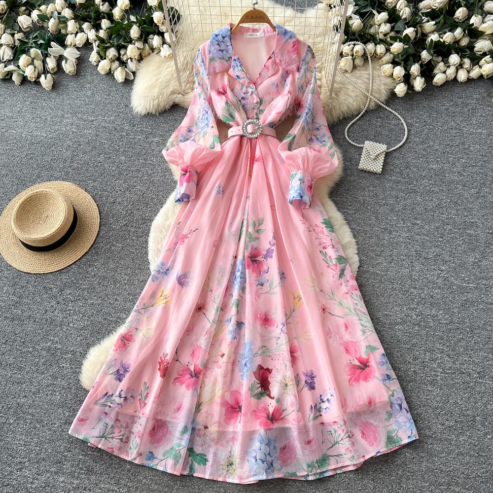 French Holiday Style Print Slim-fit Dress Women's Spring and Autumn V-neck Lantern Sleeve Waist Strap A-word Commuter Dress