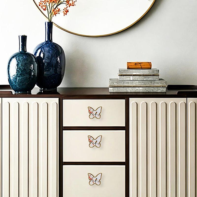 Butterfly Shaped Cabinet Knobs Unique Chinese Painting Pattern Easy Install Furniture Handles for Wardrobe Drawer