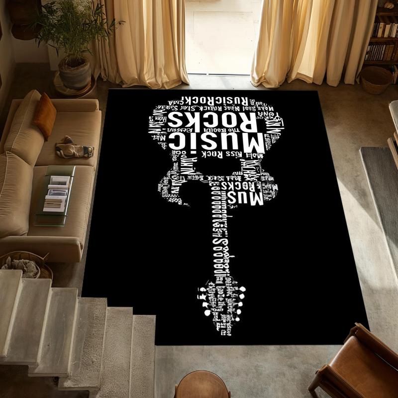 

Black & White Guitar Word Art Area Rug Non-Slip Washable Floor Mat with Rock Music Themed Pattern Music Lover Carpet for Bedroom 40x60cm